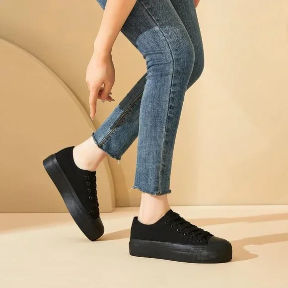 Women Platform Sneakers Canvas Low Top Shoes Slip Resistant Rubber Sole - Picture 5 of 8